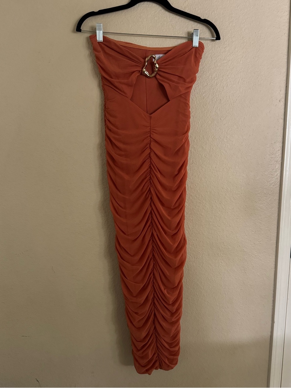 Alexandra Leclerc Oh Polly Rust Orange Midi Dress with Gold Buckle